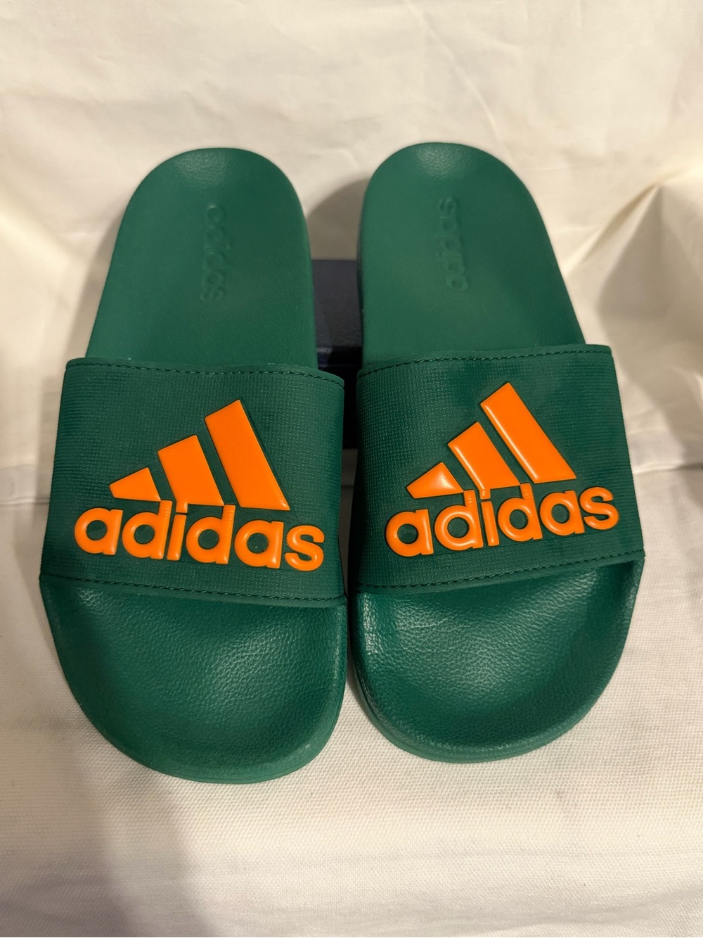 adidas Green Slide Sandals with Orange Logo